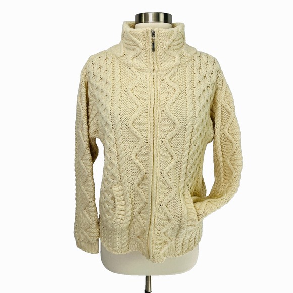 Aran Crafts Ivory Fisherman Sweater Full Zip Ireland *Fits Size Small* - Picture 2 of 12